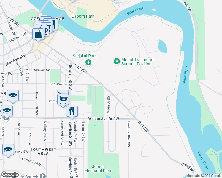 map of restaurants, bars, coffee shops, grocery stores, and more near 2211 C Street Southwest in Cedar Rapids