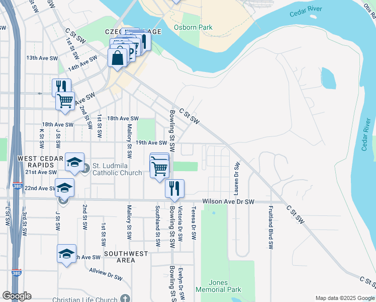 map of restaurants, bars, coffee shops, grocery stores, and more near 207 Hawthorne Drive Southwest in Cedar Rapids