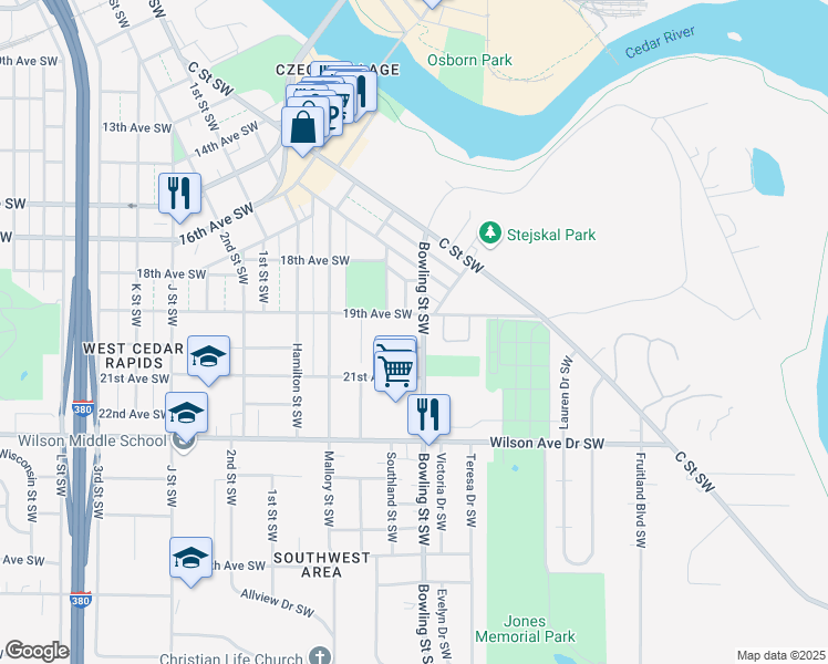 map of restaurants, bars, coffee shops, grocery stores, and more near 147 Bowling Street Southwest in Cedar Rapids
