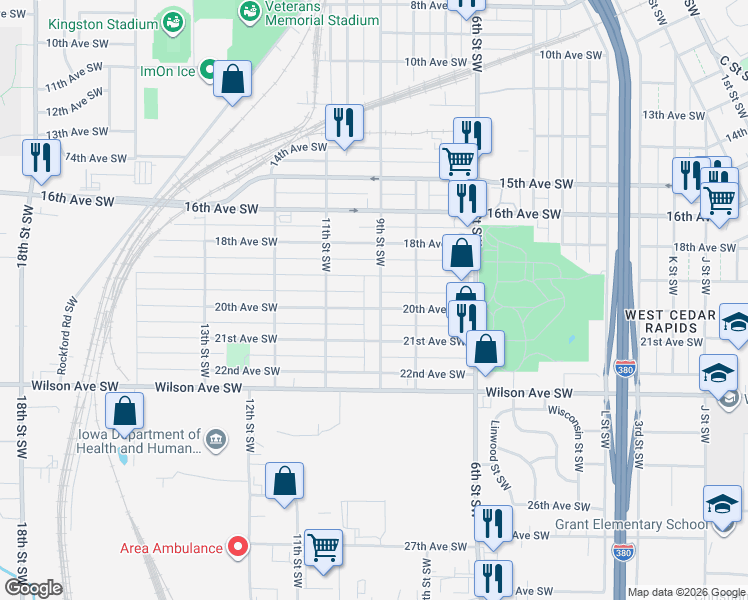 map of restaurants, bars, coffee shops, grocery stores, and more near 1900 9th Street Southwest in Cedar Rapids