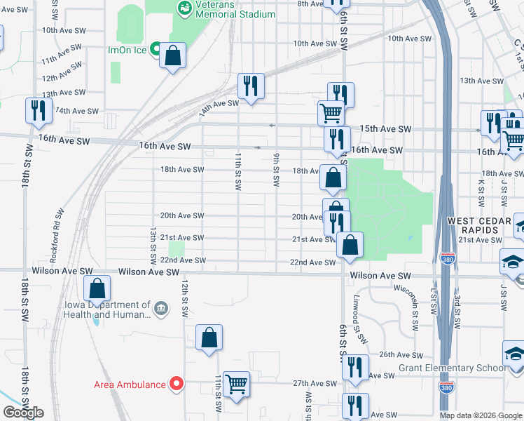map of restaurants, bars, coffee shops, grocery stores, and more near 1900 9th Street Southwest in Cedar Rapids