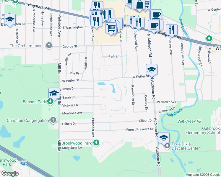 map of restaurants, bars, coffee shops, grocery stores, and more near 195 North Clare Court in Wood Dale