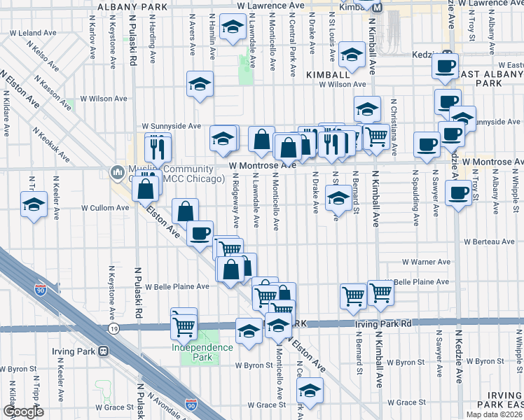 map of restaurants, bars, coffee shops, grocery stores, and more near 4255 Lawndale Avenue in Chicago