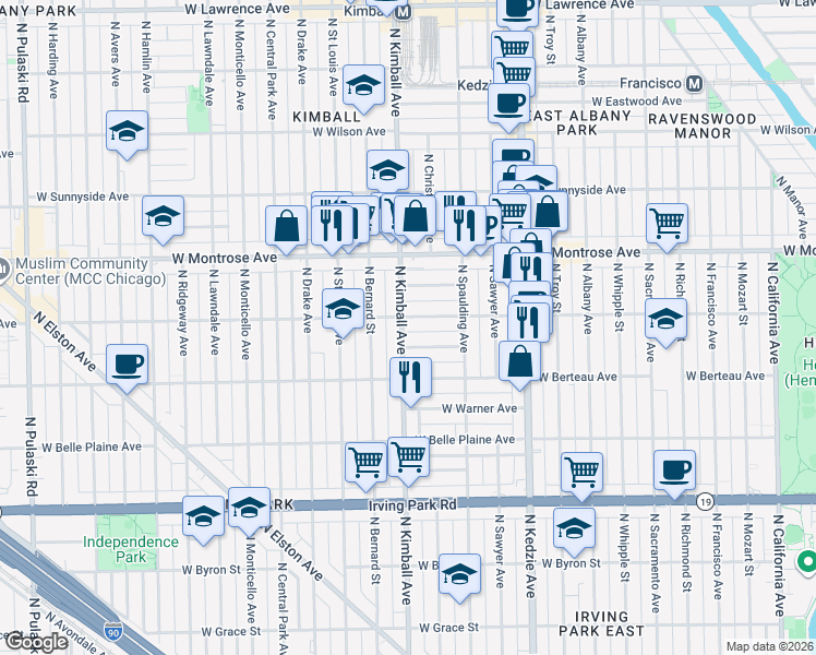 map of restaurants, bars, coffee shops, grocery stores, and more near 4251 North Kimball Avenue in Chicago