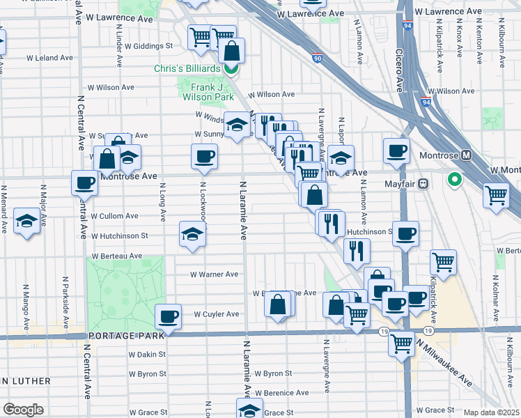 map of restaurants, bars, coffee shops, grocery stores, and more near 5134 West Cullom Avenue in Chicago