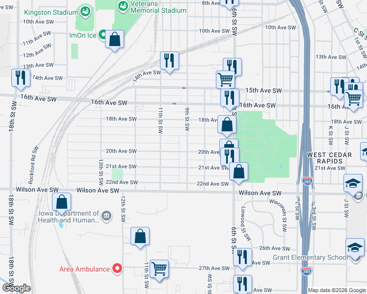 map of restaurants, bars, coffee shops, grocery stores, and more near 1900 9th Street Southwest in Cedar Rapids