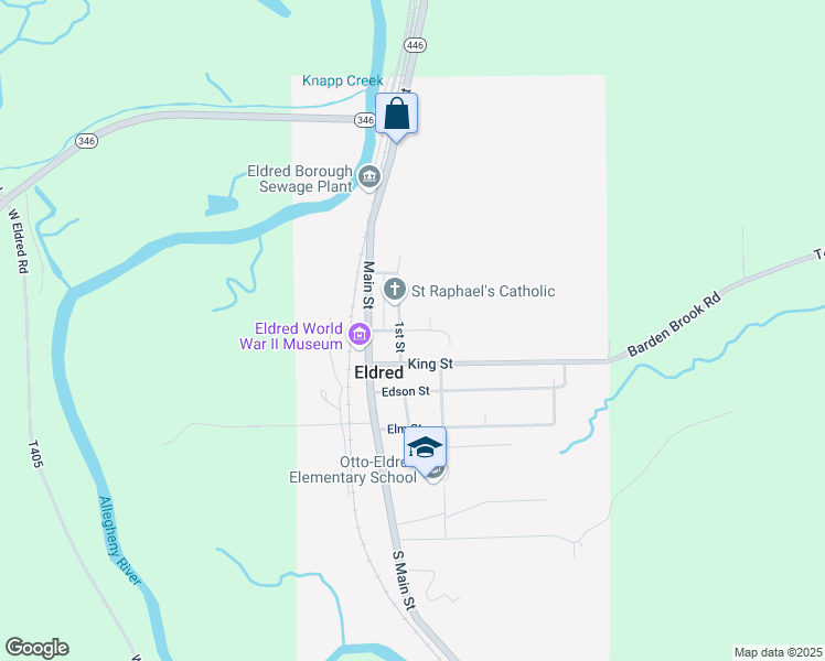 map of restaurants, bars, coffee shops, grocery stores, and more near Central Street in Eldred
