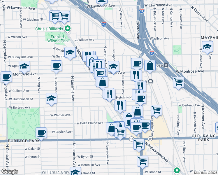 map of restaurants, bars, coffee shops, grocery stores, and more near 4941 West Pensacola Avenue in Chicago