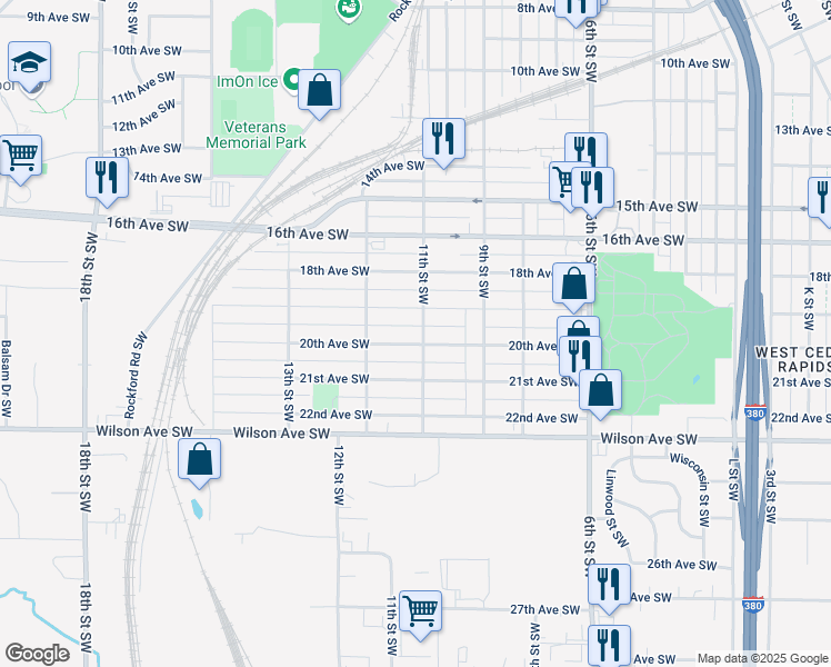 map of restaurants, bars, coffee shops, grocery stores, and more near 1125 19th Ave SW in Cedar Rapids