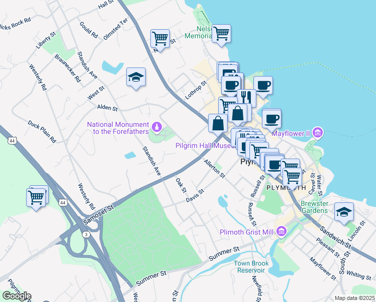 map of restaurants, bars, coffee shops, grocery stores, and more near 14 Cushman Street in Plymouth