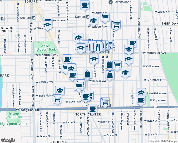 map of restaurants, bars, coffee shops, grocery stores, and more near 1951 West Cullom Avenue in Chicago