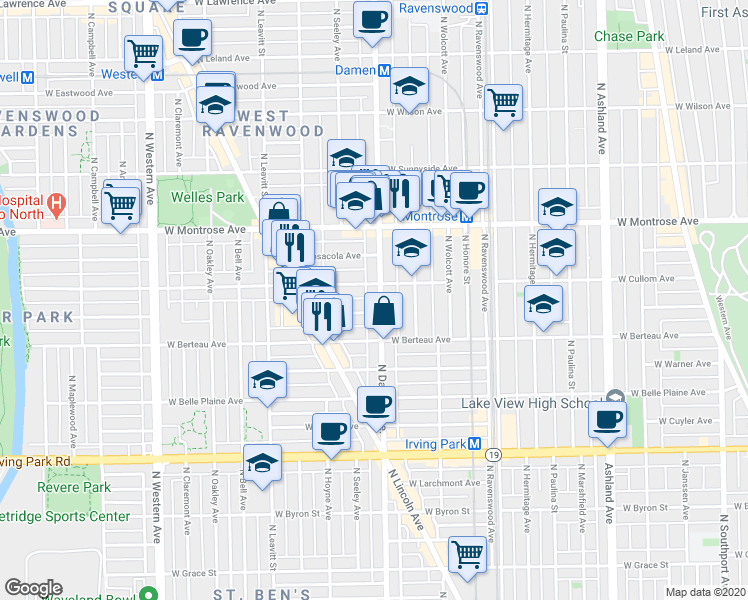 map of restaurants, bars, coffee shops, grocery stores, and more near 2017 West Cullom Avenue in Chicago