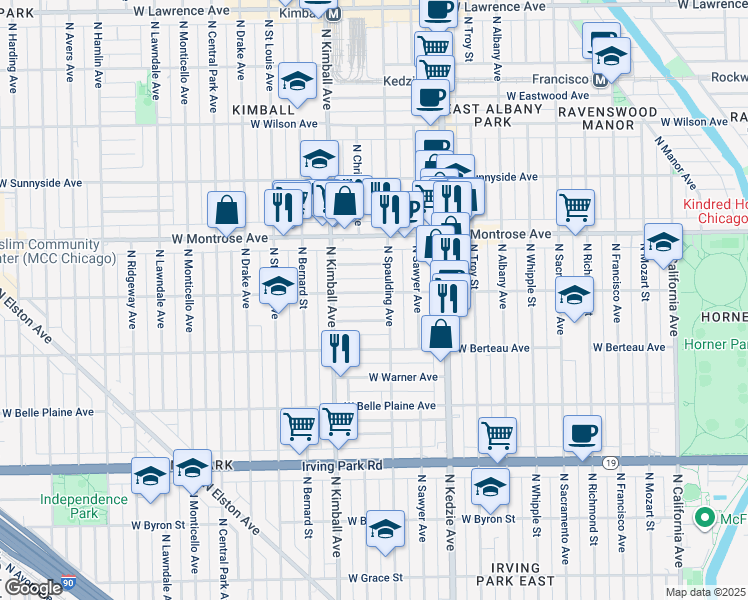 map of restaurants, bars, coffee shops, grocery stores, and more near 3306 West Cullom Avenue in Chicago