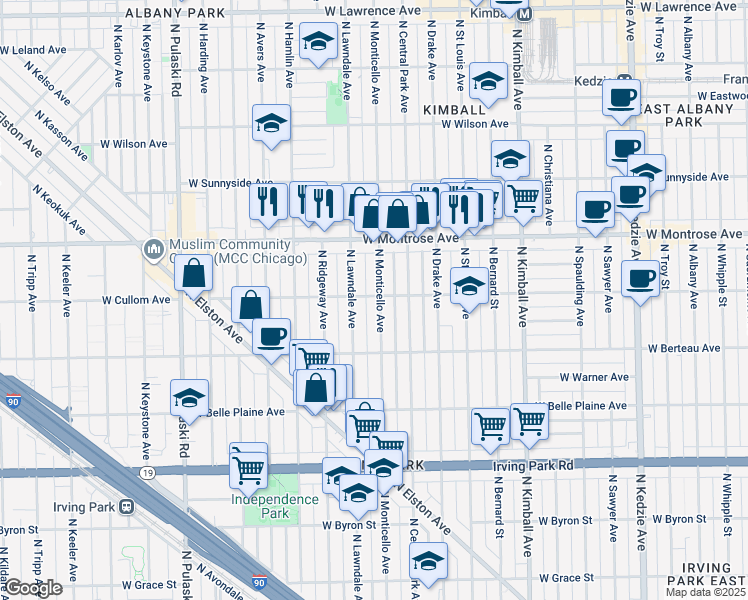 map of restaurants, bars, coffee shops, grocery stores, and more near 4309 North Lawndale Avenue in Chicago