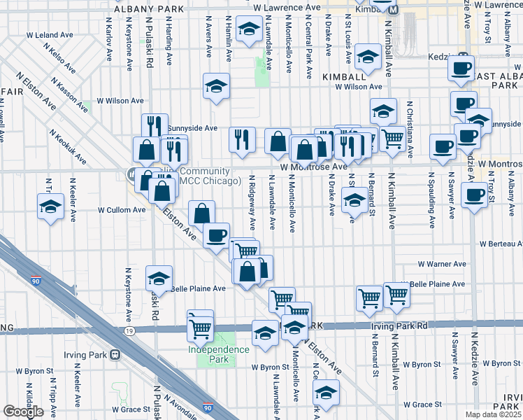 map of restaurants, bars, coffee shops, grocery stores, and more near 4309 North Ridgeway Avenue in Chicago
