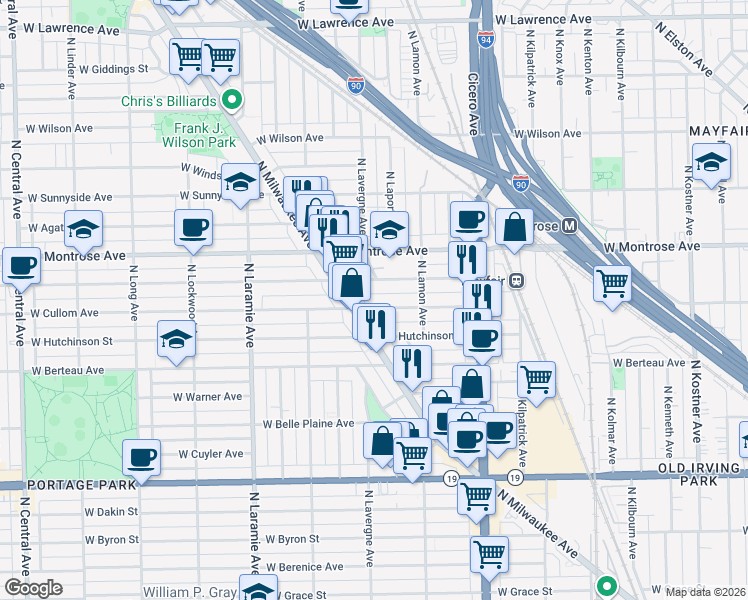 map of restaurants, bars, coffee shops, grocery stores, and more near 4941 West Pensacola Avenue in Chicago