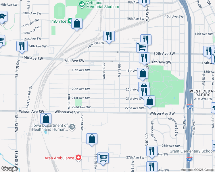 map of restaurants, bars, coffee shops, grocery stores, and more near 945 19th Avenue Southwest in Cedar Rapids