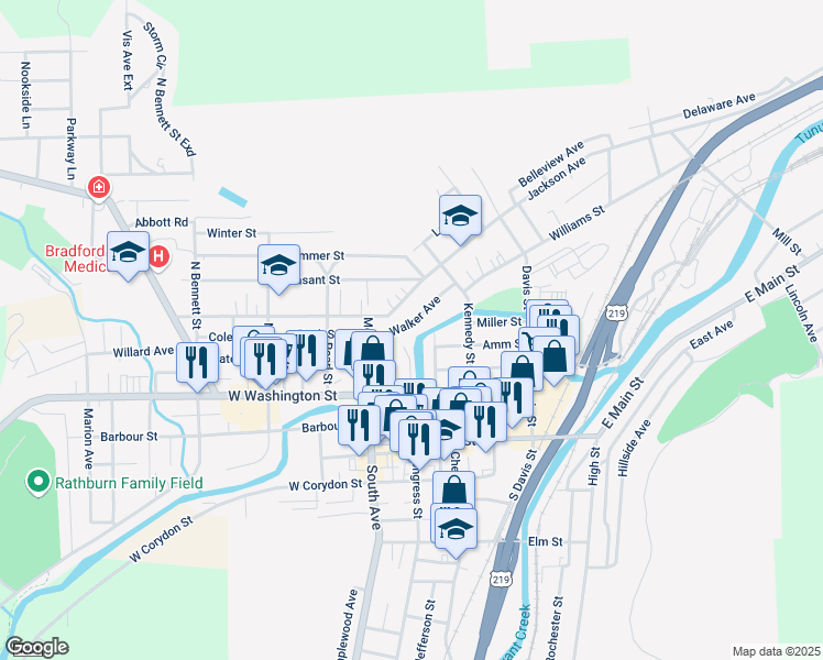 map of restaurants, bars, coffee shops, grocery stores, and more near 2-80 Walker Avenue in Bradford