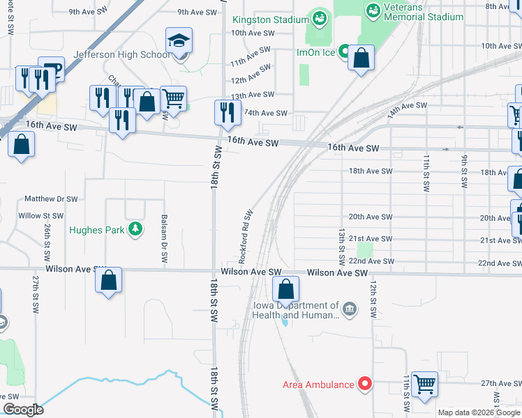 map of restaurants, bars, coffee shops, grocery stores, and more near 2005 Rockford Road Southwest in Cedar Rapids