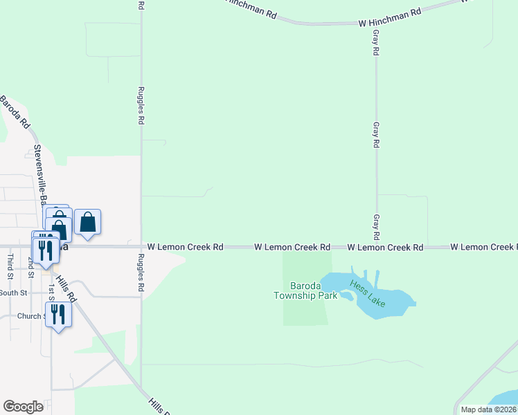 map of restaurants, bars, coffee shops, grocery stores, and more near 801 West Lemon Creek Road in Baroda