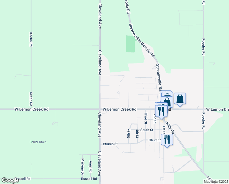 map of restaurants, bars, coffee shops, grocery stores, and more near 1664 Eagle Crest Drive in Baroda