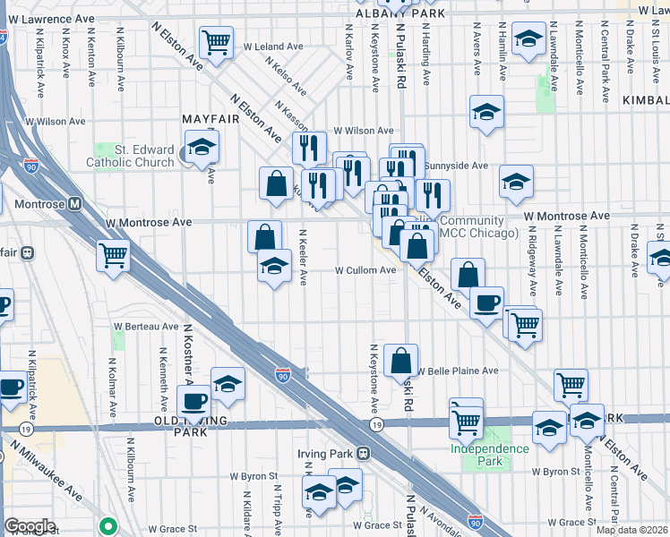 map of restaurants, bars, coffee shops, grocery stores, and more near 4304 North Kedvale Avenue in Chicago