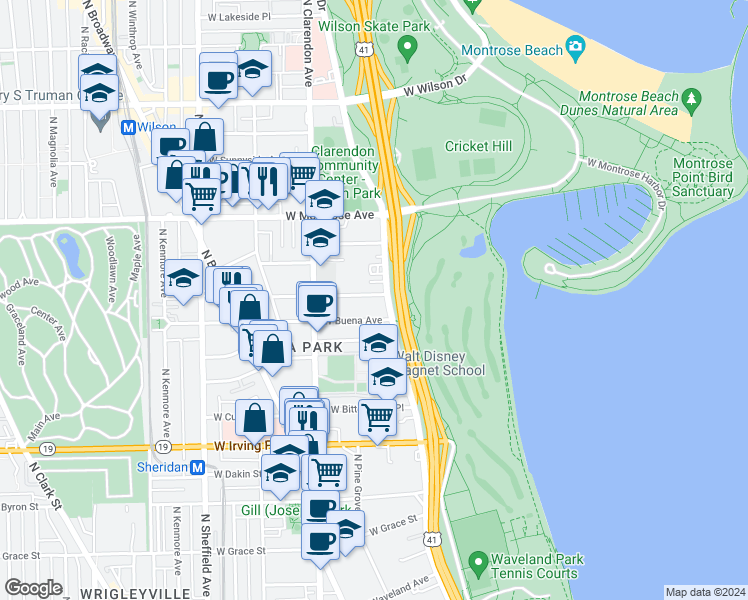 map of restaurants, bars, coffee shops, grocery stores, and more near 651 West Hutchinson Street in Chicago