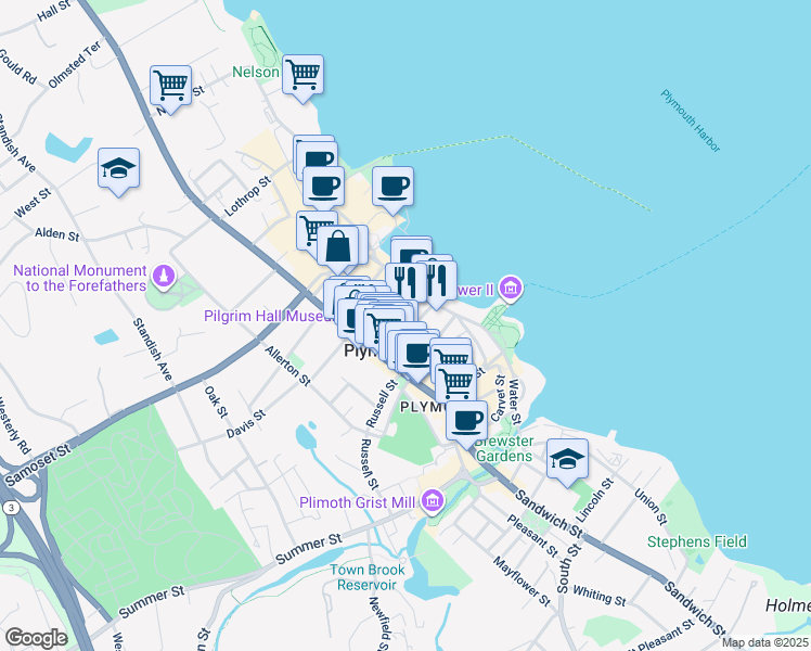 map of restaurants, bars, coffee shops, grocery stores, and more near 114 Water Street in Plymouth