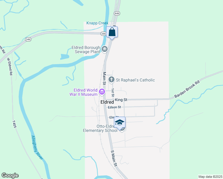 map of restaurants, bars, coffee shops, grocery stores, and more near 8-24 1st Street in Eldred