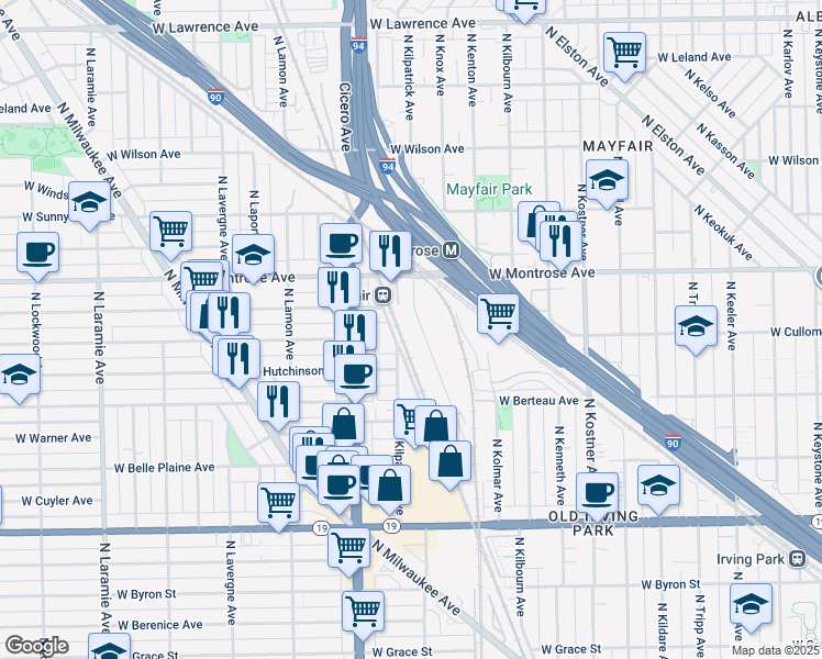 map of restaurants, bars, coffee shops, grocery stores, and more near 4300 North Knox Avenue in Chicago