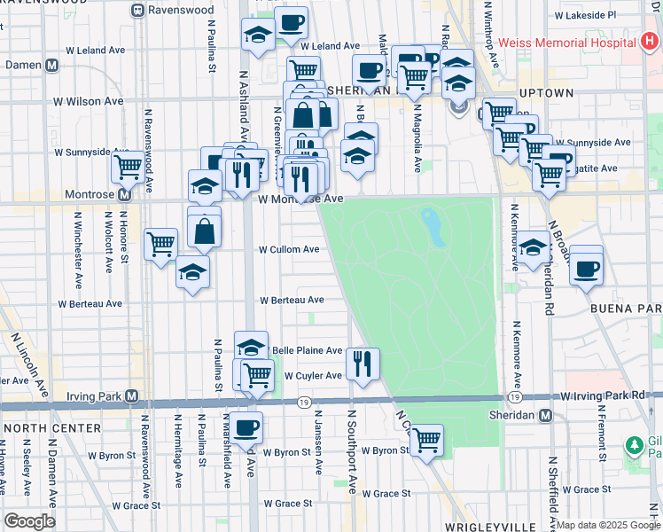 map of restaurants, bars, coffee shops, grocery stores, and more near 1416 West Hutchinson Street in Chicago