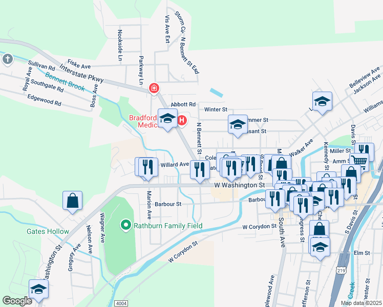 map of restaurants, bars, coffee shops, grocery stores, and more near 81 Interstate Parkway in Bradford