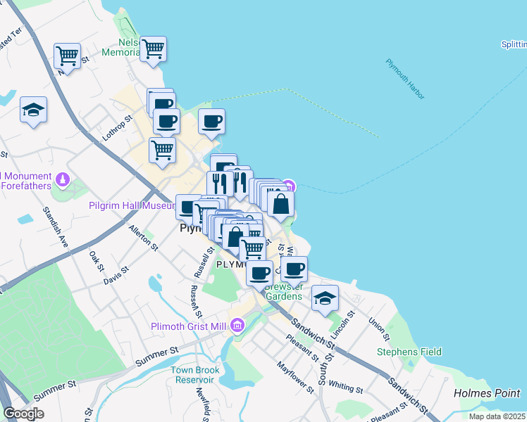 map of restaurants, bars, coffee shops, grocery stores, and more near 84 Water Street in Plymouth