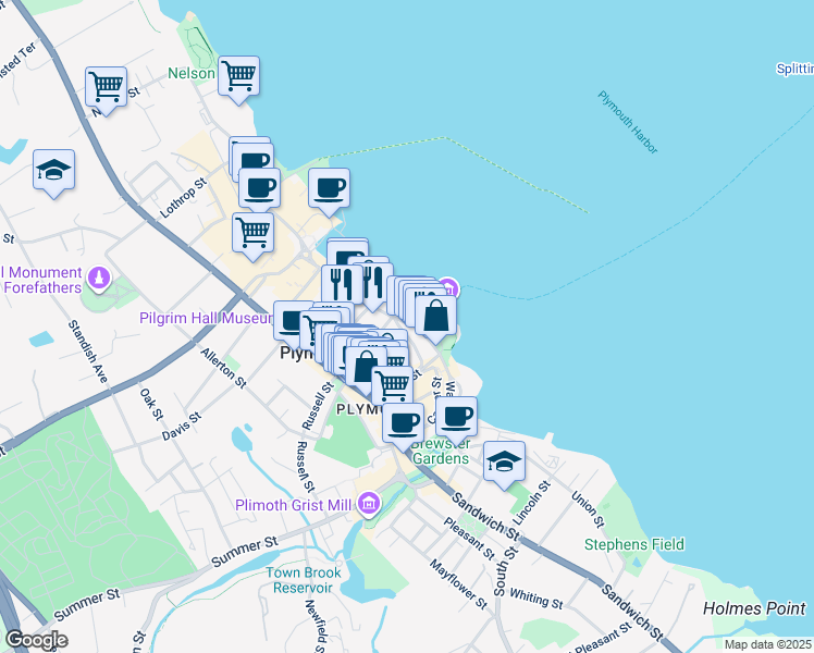 map of restaurants, bars, coffee shops, grocery stores, and more near 77 Water Street in Plymouth