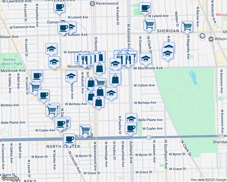 map of restaurants, bars, coffee shops, grocery stores, and more near 4253 North Hermitage Avenue in Chicago