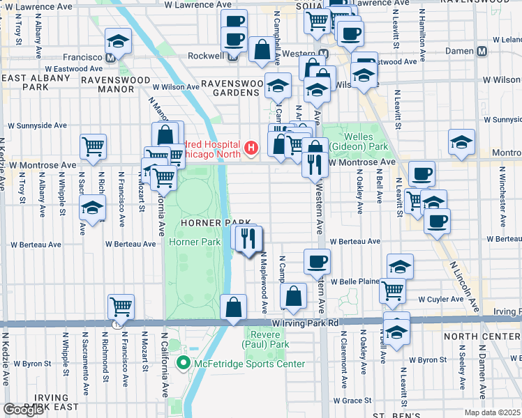 map of restaurants, bars, coffee shops, grocery stores, and more near 2530 West Cullom Avenue in Chicago