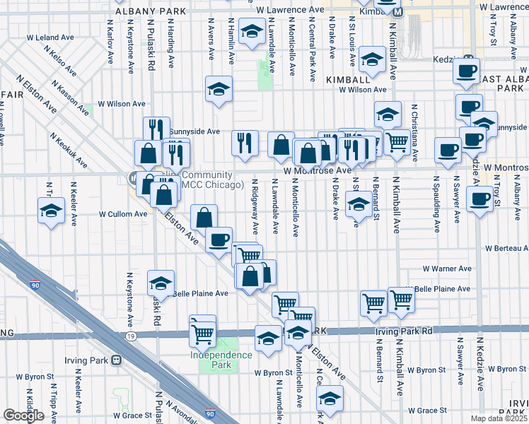 map of restaurants, bars, coffee shops, grocery stores, and more near 4309 North Ridgeway Avenue in Chicago