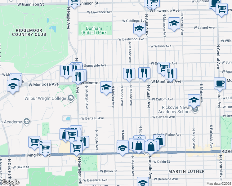 map of restaurants, bars, coffee shops, grocery stores, and more near 4333 North Melvina Avenue in Chicago