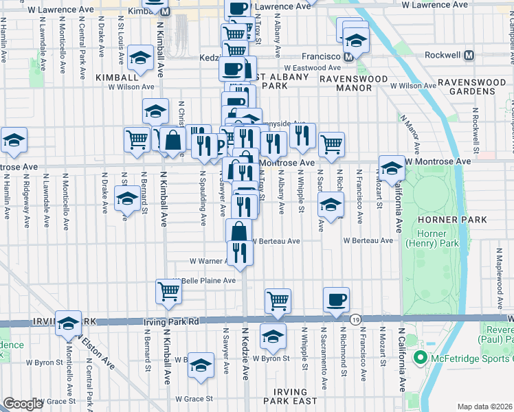 map of restaurants, bars, coffee shops, grocery stores, and more near 4301 North Kedzie Avenue in Chicago
