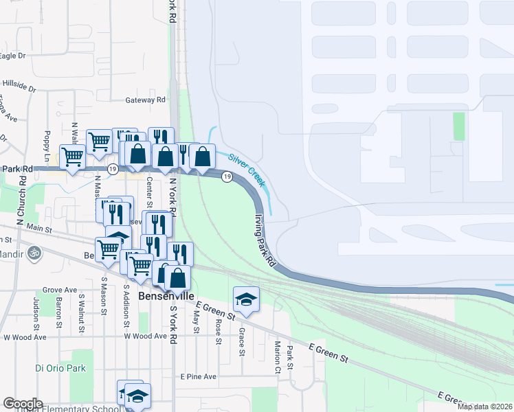 map of restaurants, bars, coffee shops, grocery stores, and more near 316 Irving Park Road in Bensenville