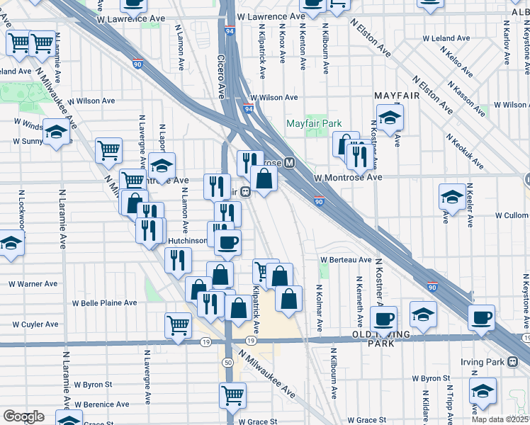 map of restaurants, bars, coffee shops, grocery stores, and more near 4300 North Knox Avenue in Chicago
