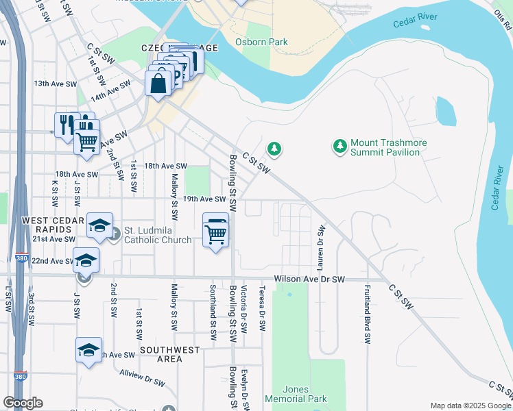 map of restaurants, bars, coffee shops, grocery stores, and more near 86 Aossey Lane Southwest in Cedar Rapids