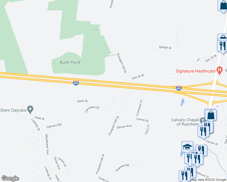 map of restaurants, bars, coffee shops, grocery stores, and more near 184 Terrianne Drive in Taunton