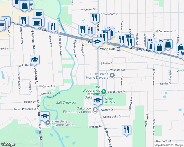 map of restaurants, bars, coffee shops, grocery stores, and more near 110 Homestead Drive in Wood Dale