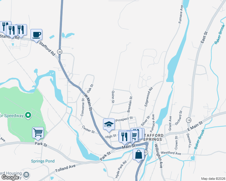 map of restaurants, bars, coffee shops, grocery stores, and more near Quinn Street in Stafford