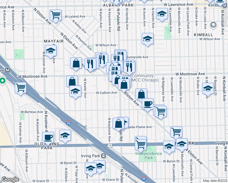 map of restaurants, bars, coffee shops, grocery stores, and more near 4319 North Keystone Avenue in Chicago