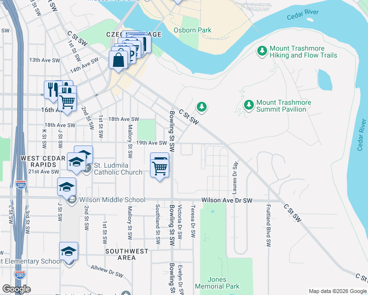 map of restaurants, bars, coffee shops, grocery stores, and more near 207 Hawthorne Drive Southwest in Cedar Rapids