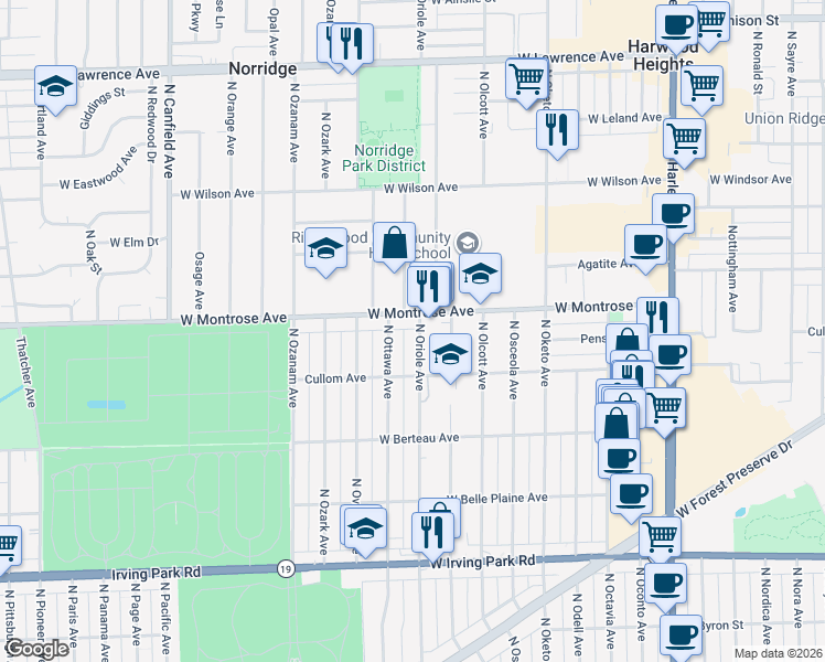 map of restaurants, bars, coffee shops, grocery stores, and more near 4348 North Oriole Avenue in Norridge