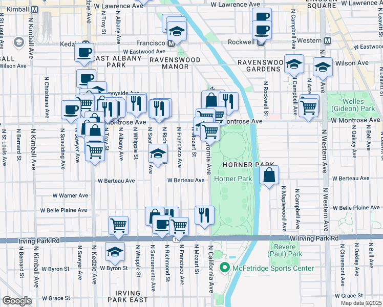 map of restaurants, bars, coffee shops, grocery stores, and more near 2856 West Cullom Avenue in Chicago