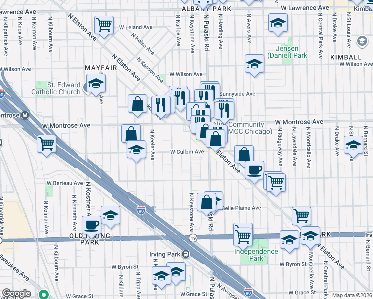 map of restaurants, bars, coffee shops, grocery stores, and more near 4319 North Keystone Avenue in Chicago